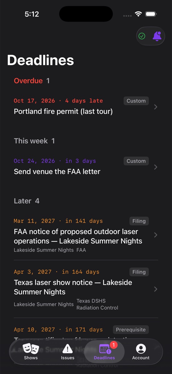 Beam Dreams iPhone app showing the Deadlines tab with an overdue permit in red