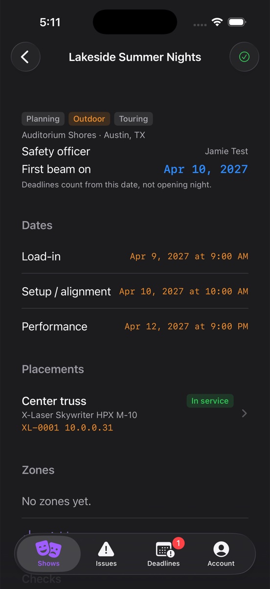 Beam Dreams iPhone app showing a show with its dates, first beam-on date and placements